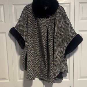 E Studio Ladies Chevron Patterned Cape with Black Faux Fur Trim